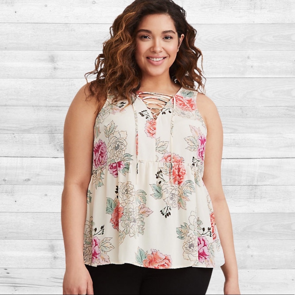 Sleeveless Lace-Up Floral Tank Top - Cream with Pink & Coral Flowers